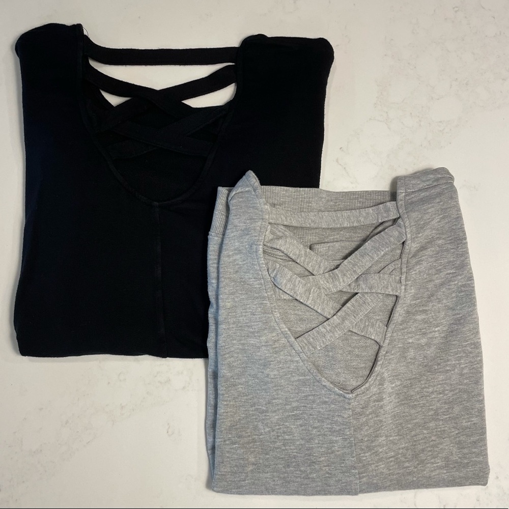 Set of 2 Athleta lattice detail sweatshirts. Black & Heathered gray size Small